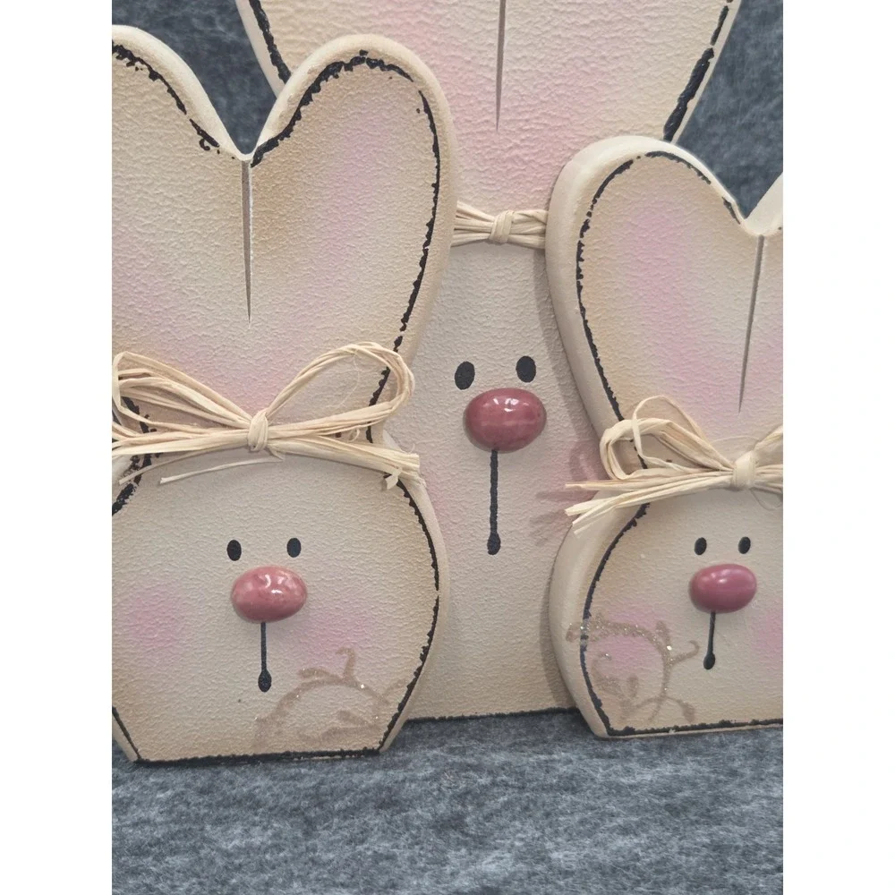 Wooden Shelf Sitters 3 Bunnies  Twine Bows Decor Folk Cottagecore Country 6x7